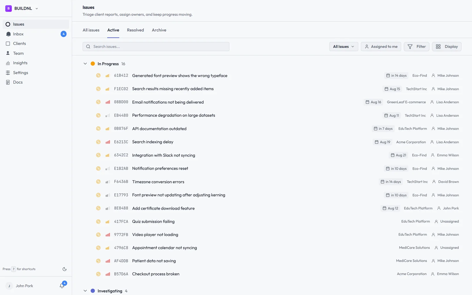 The Lantern ticket dashboard showing every client's tickets in one list, grouped by status with assignees and due dates